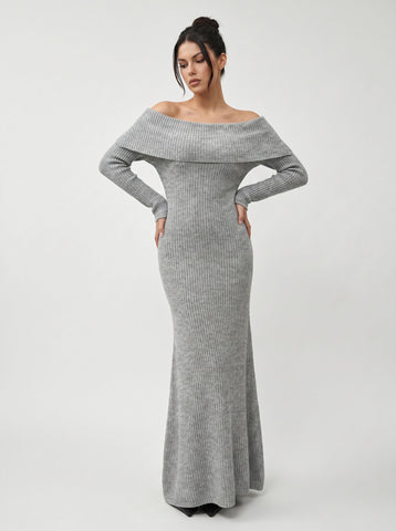 Off Shoulder Ribbed Knit Maxi Dress