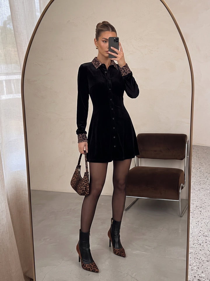 Leopard Collar Velvet Button Down Dress