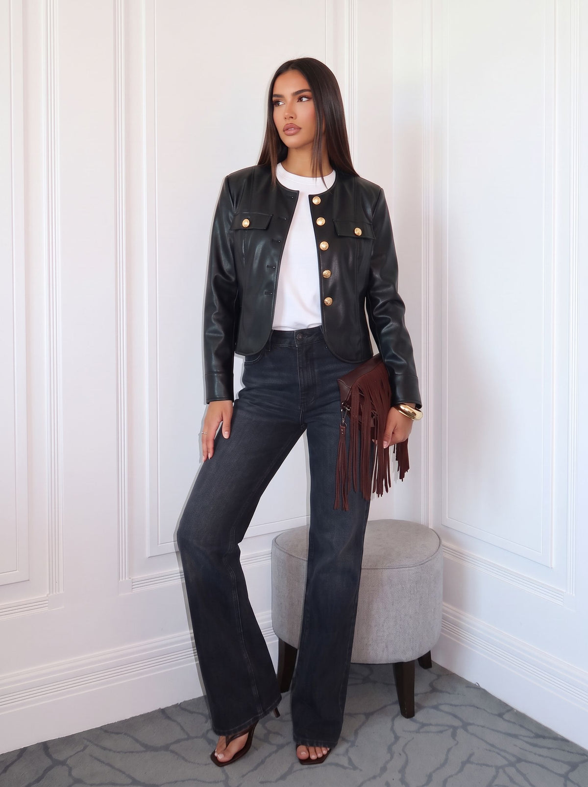 Gold Button Collarless Faux Leather Jacket