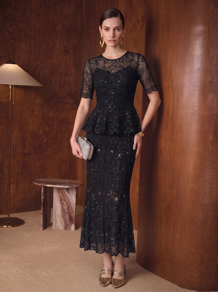 Elegant Peplum Lace Knit Pullover