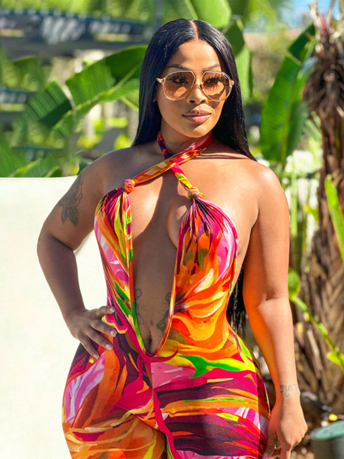Sexy Halter Plunge Print Jumpsuit