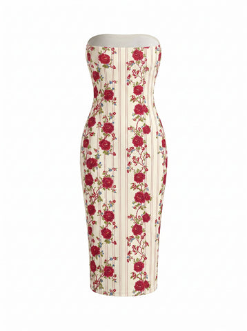 Kim's Red Floral Stripe Print Midi Dress