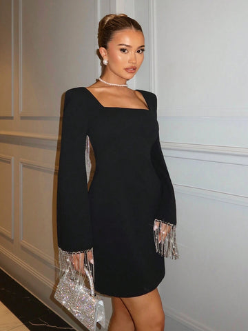 Backless Rhinestone Fringe Party Dress
