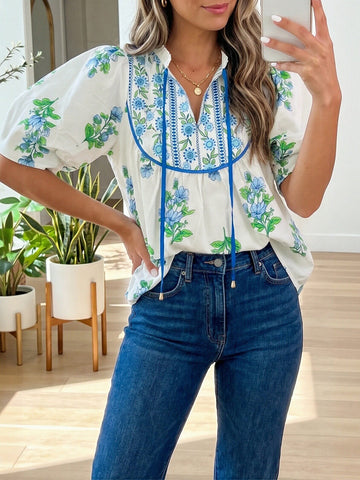 Floral Puff Sleeve Chiffon Blouse