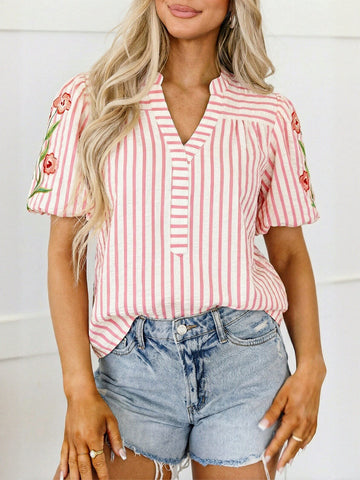 Striped Embroidered V Neck Shirt