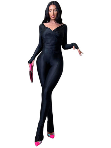 Sexy V Neck Slim Pants Set