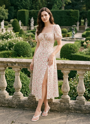 Floral Print Puff Sleeve Tie MidiDress