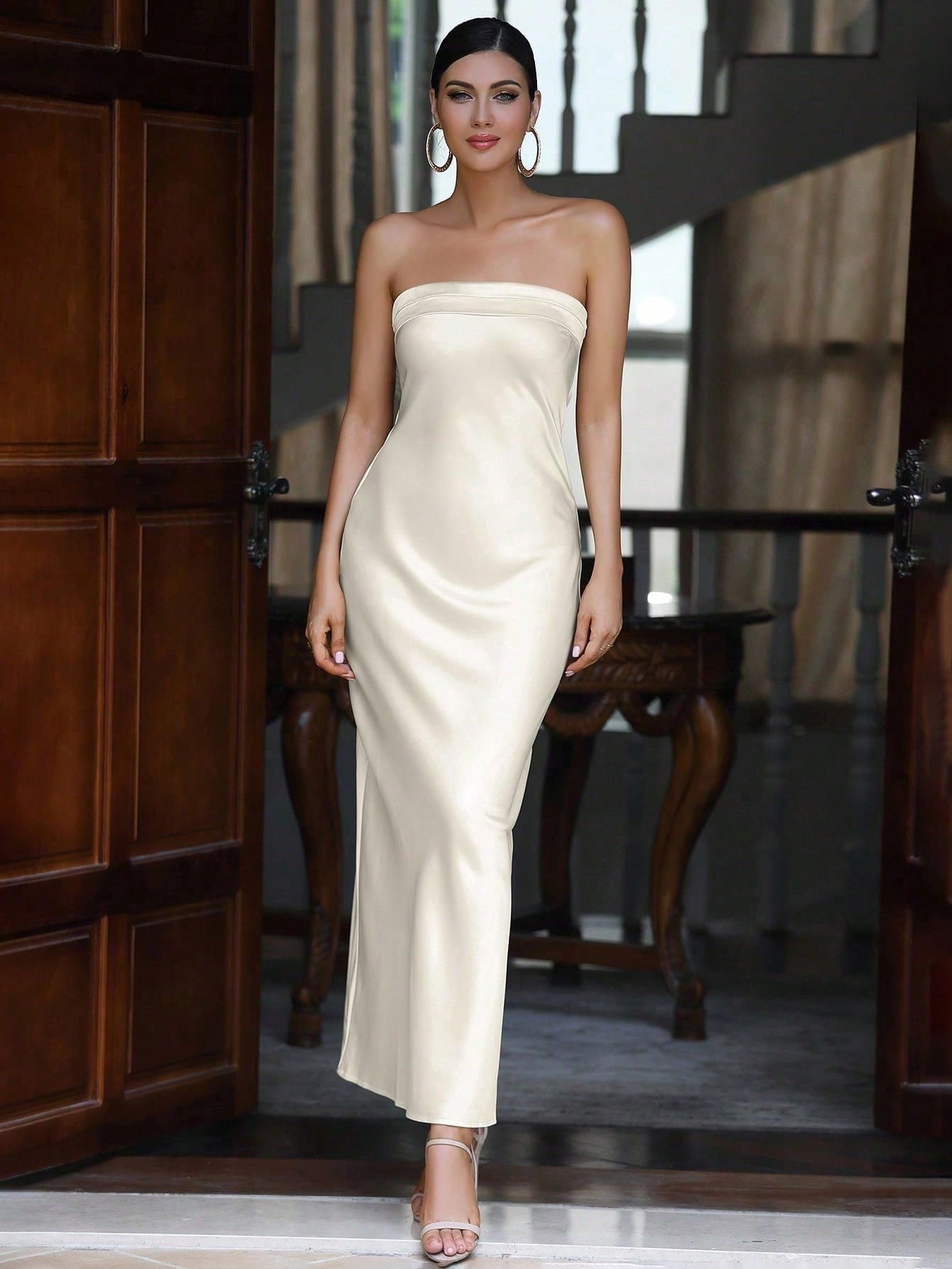 Elegant Strapless Satin Midi Dress