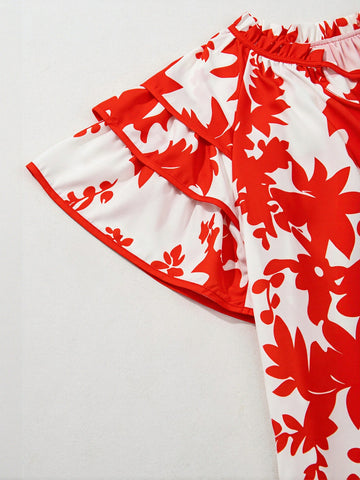 Floral Ruffle Sleeve Chiffon Blouse