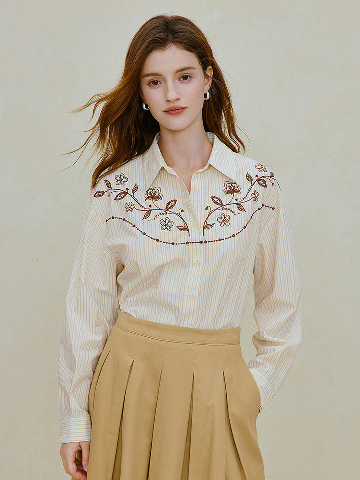 Embroidered Striped Cotton Button Down Shirt