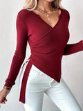 Ribbed Wrap Front Side Slit Sweater