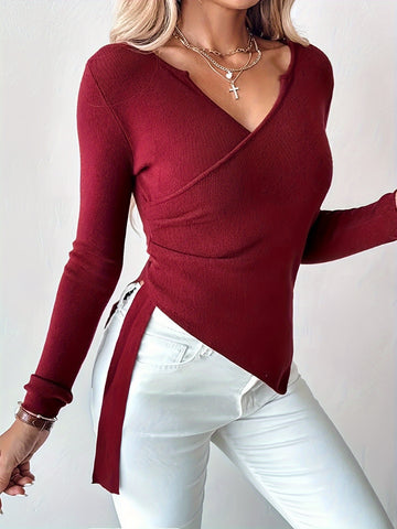 Ribbed Wrap Front Side Slit Sweater