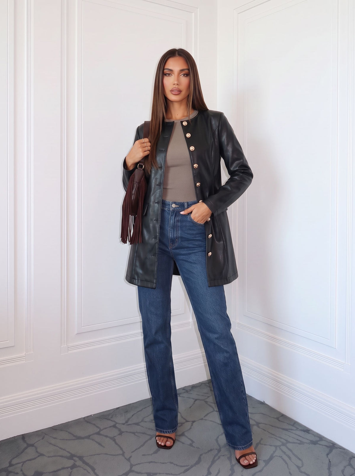 Elegant Gold Button Faux Leather Jacket