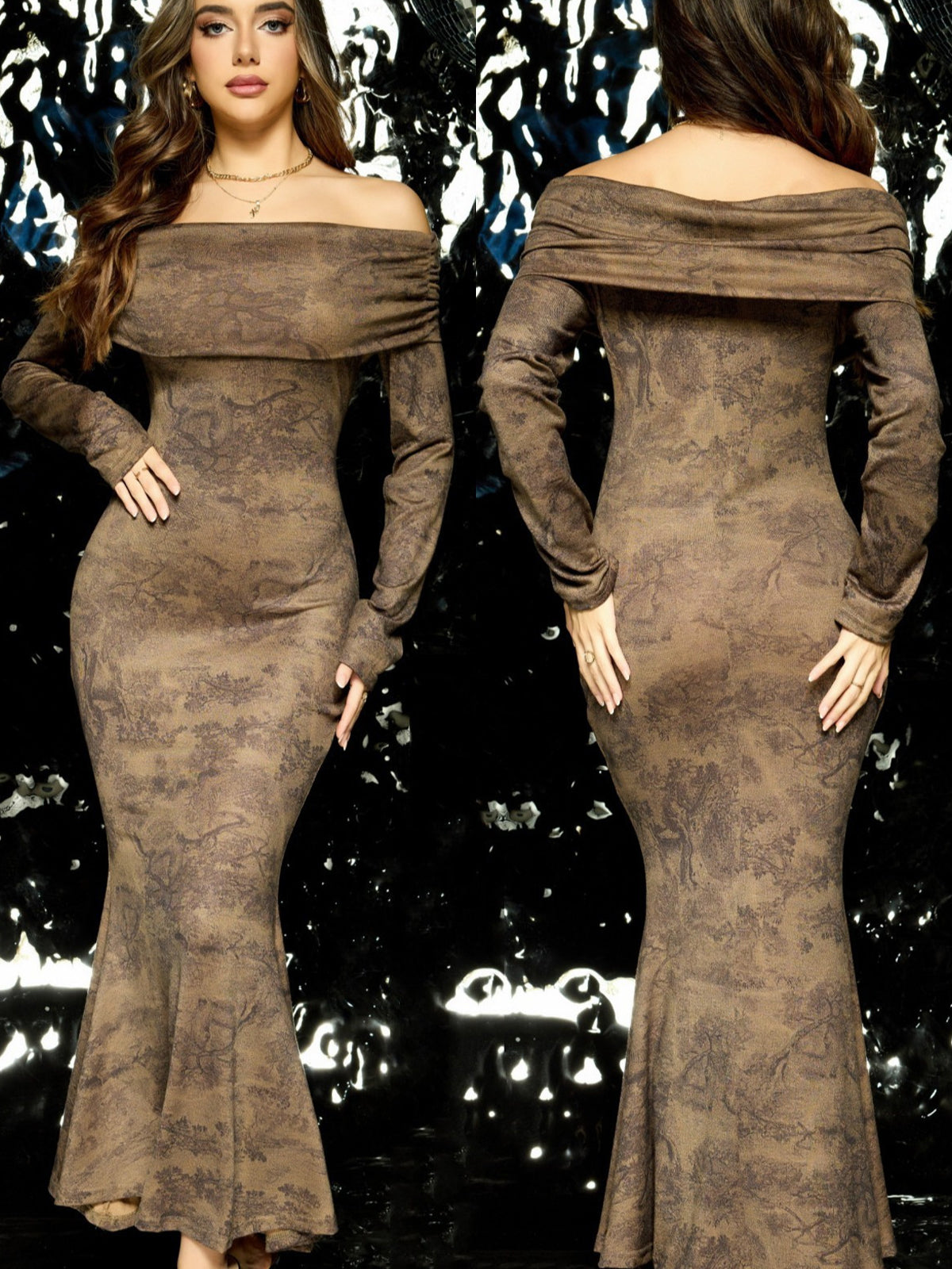 Off-the-Shoulder Long-Sleeve Mermaid Maxi Evening Dress-Brown