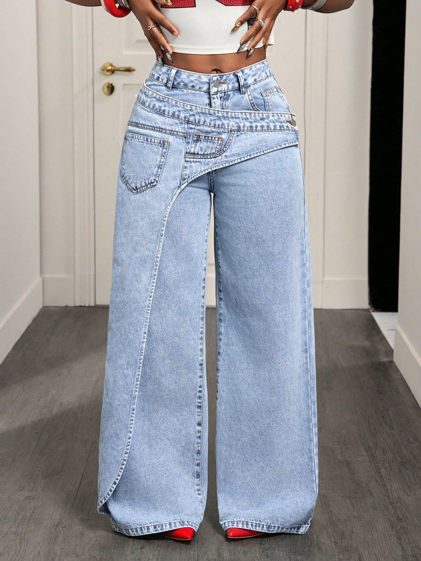 High Waisted Asymmetric Wide Leg Jeans