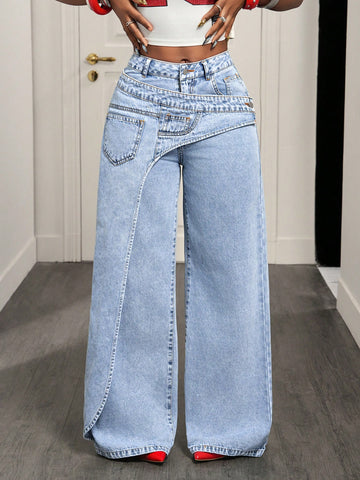 High Waisted Asymmetric Wide Leg Jeans