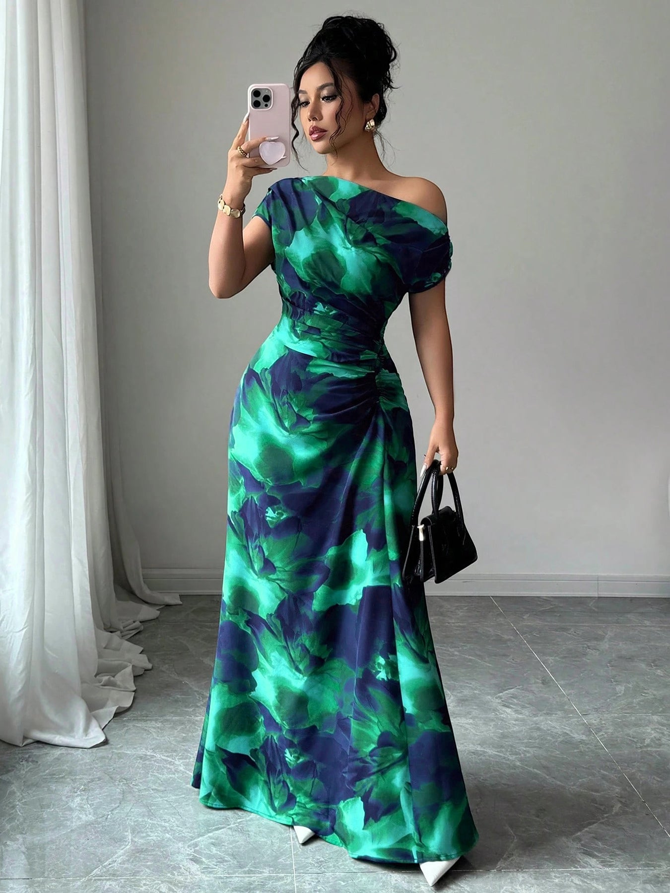 Tropical Print Off-Shoulder Vacation Midi Dress-Green