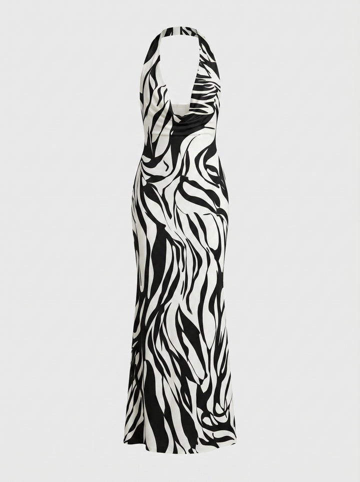 LILA Abstract Zebra Print Cowl Neck Bodycon Maxi Dress