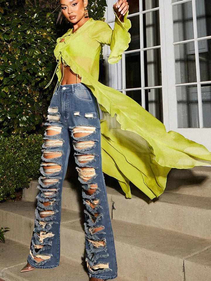 Distressed Wide Leg Denim Jeans