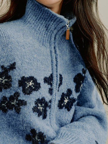Soft Wool Blend Floral Zip Cardigan