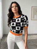 Ghost Print Checkerboard Short Sleeve Sweater