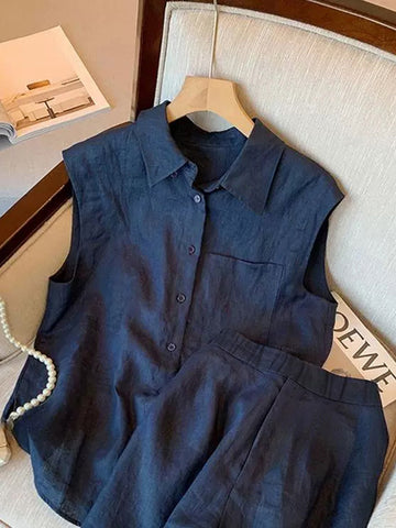 Sleeveless Linen Tailored Shorts Set