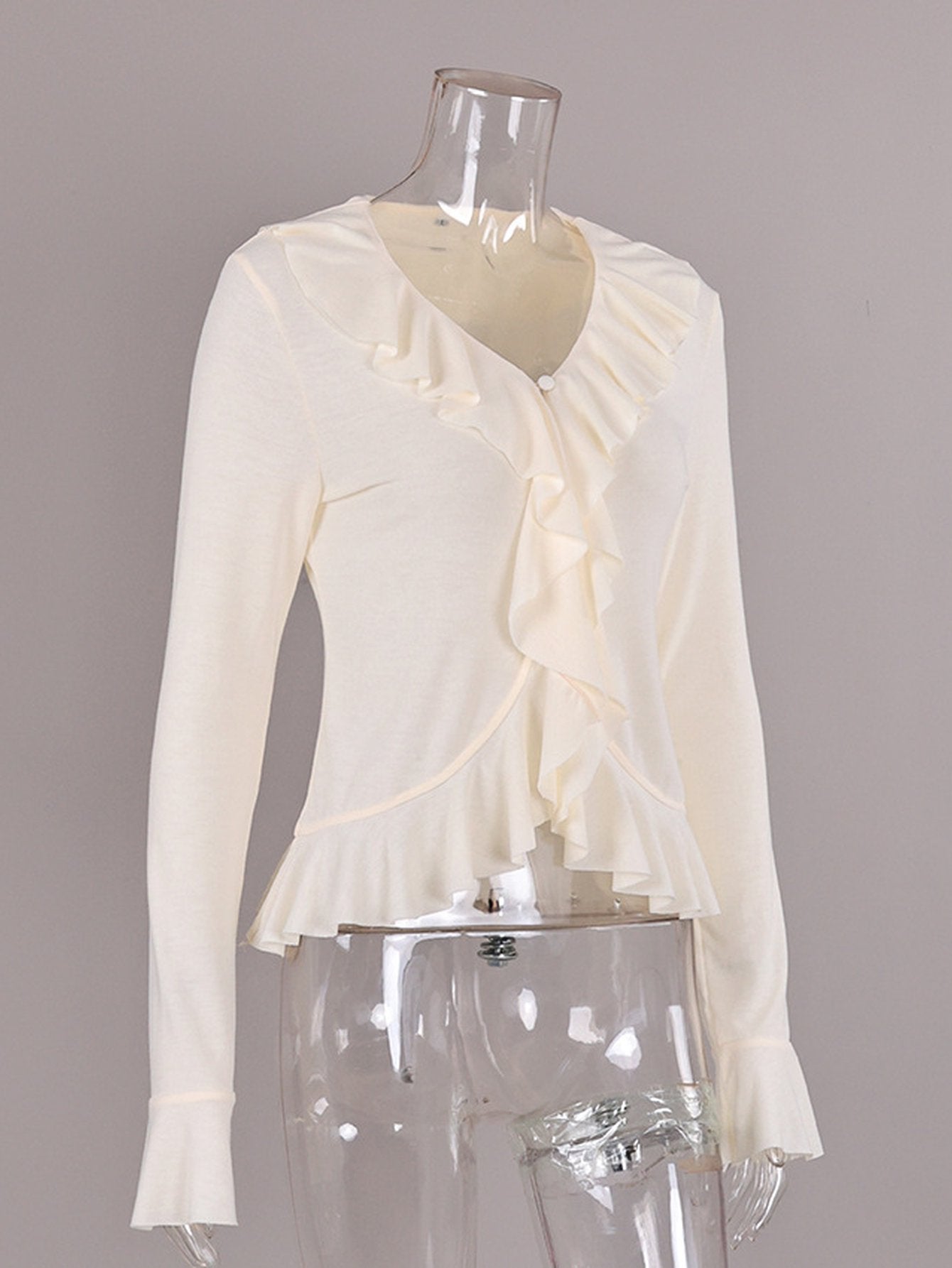 Ruffled V Neck Long Sleeve Pullover