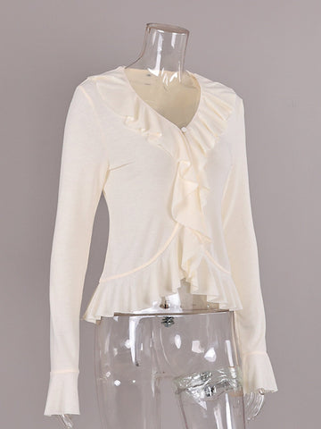 Ruffled V Neck Long Sleeve Pullover