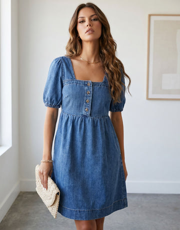 Square Neck Button Denim Dress