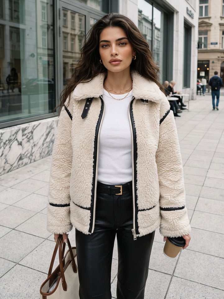 Cozy Faux Leather Trim Fleece Jacket