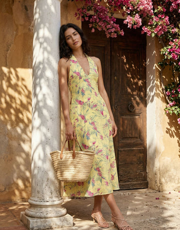 AURELIA Floral Print Halter Neck Tie Back Midi Dress