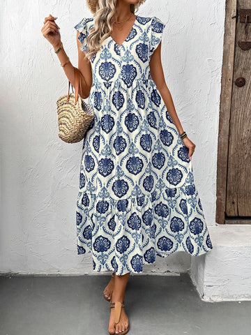 Blue Print V Neck Maxi Dress