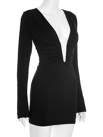 Sexy Plunging Neck Ruched Mini Dress