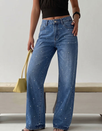 Rhinestone Embellished High Waisted Wide Leg Jeans
