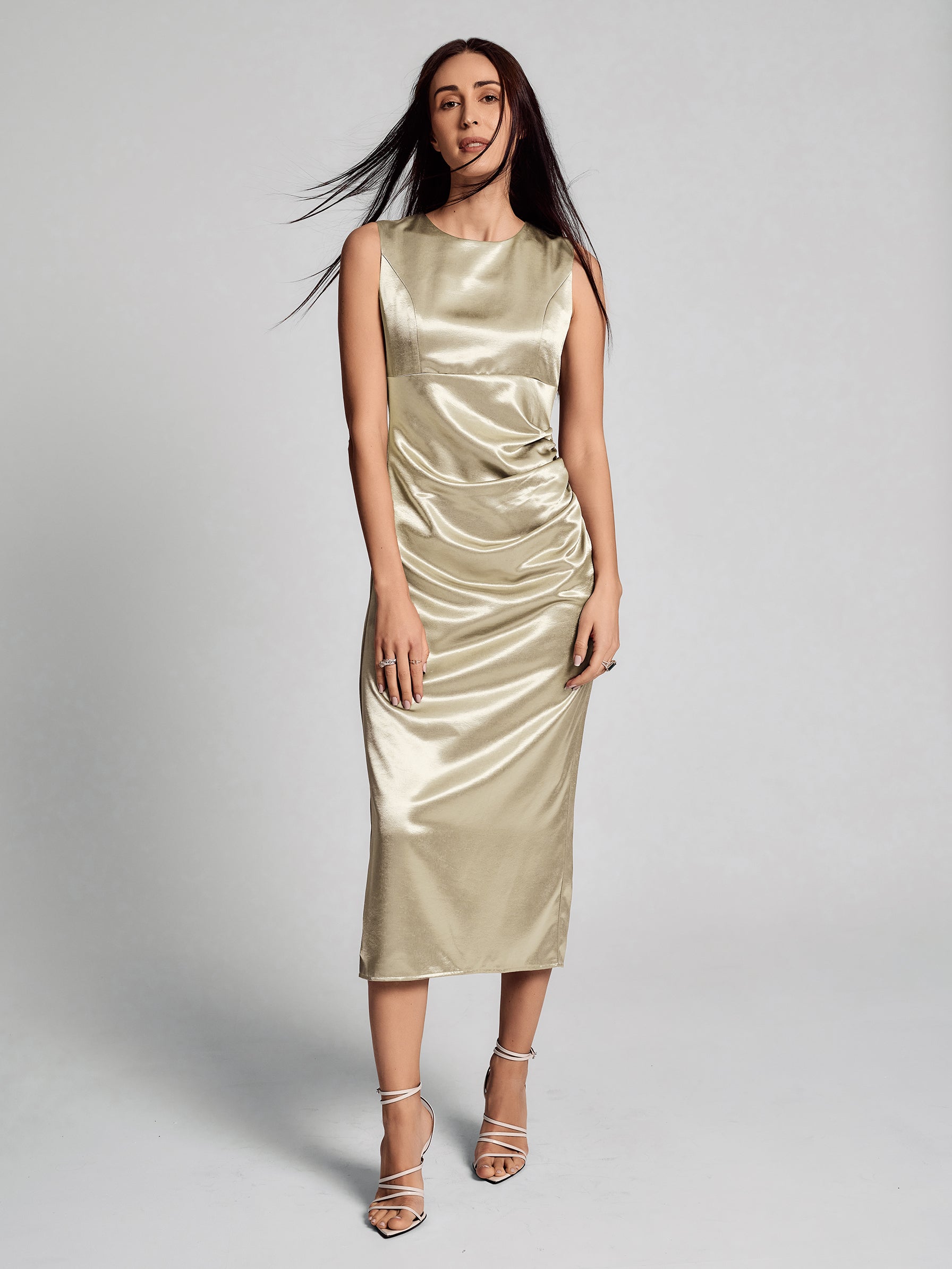 SAÏA Boat Neck Bridesmaid Satin Maxi Dress-Gold