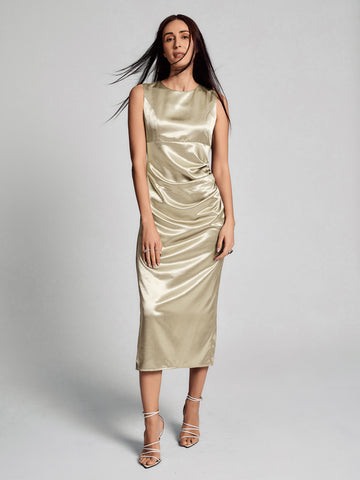 SAÏA Boat Neck Bridesmaid Satin Maxi Dress-Gold