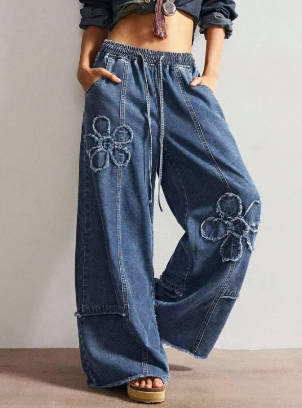 Floral Applique Drawstring Wide Leg Jeans