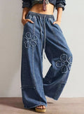 Floral Applique Drawstring Wide Leg Jeans
