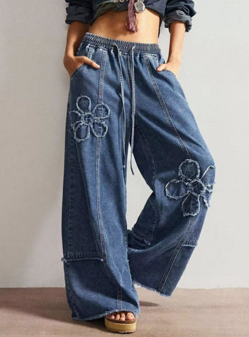 Floral Applique Drawstring Wide Leg Jeans
