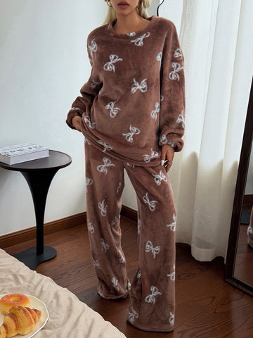 Cozy Plush Bow Print Pajama Set