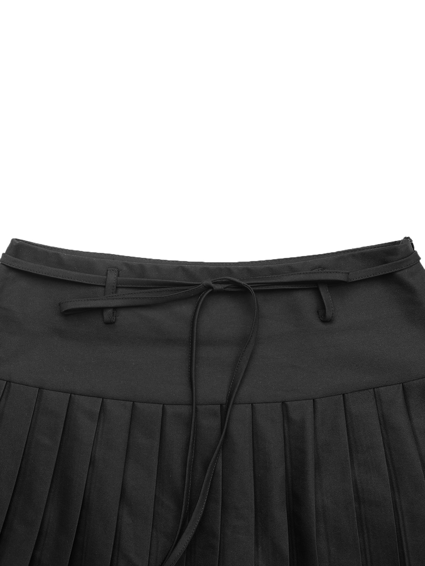 A-Line Pleated Tie-Waist Flirty Mini Skirt-Black