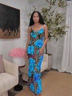 KIRA Blue Floral Leopard Print Spaghetti Strap Bodycon Maxi Dress