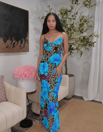 KIRA Blue Floral Leopard Print Spaghetti Strap Bodycon Maxi Dress