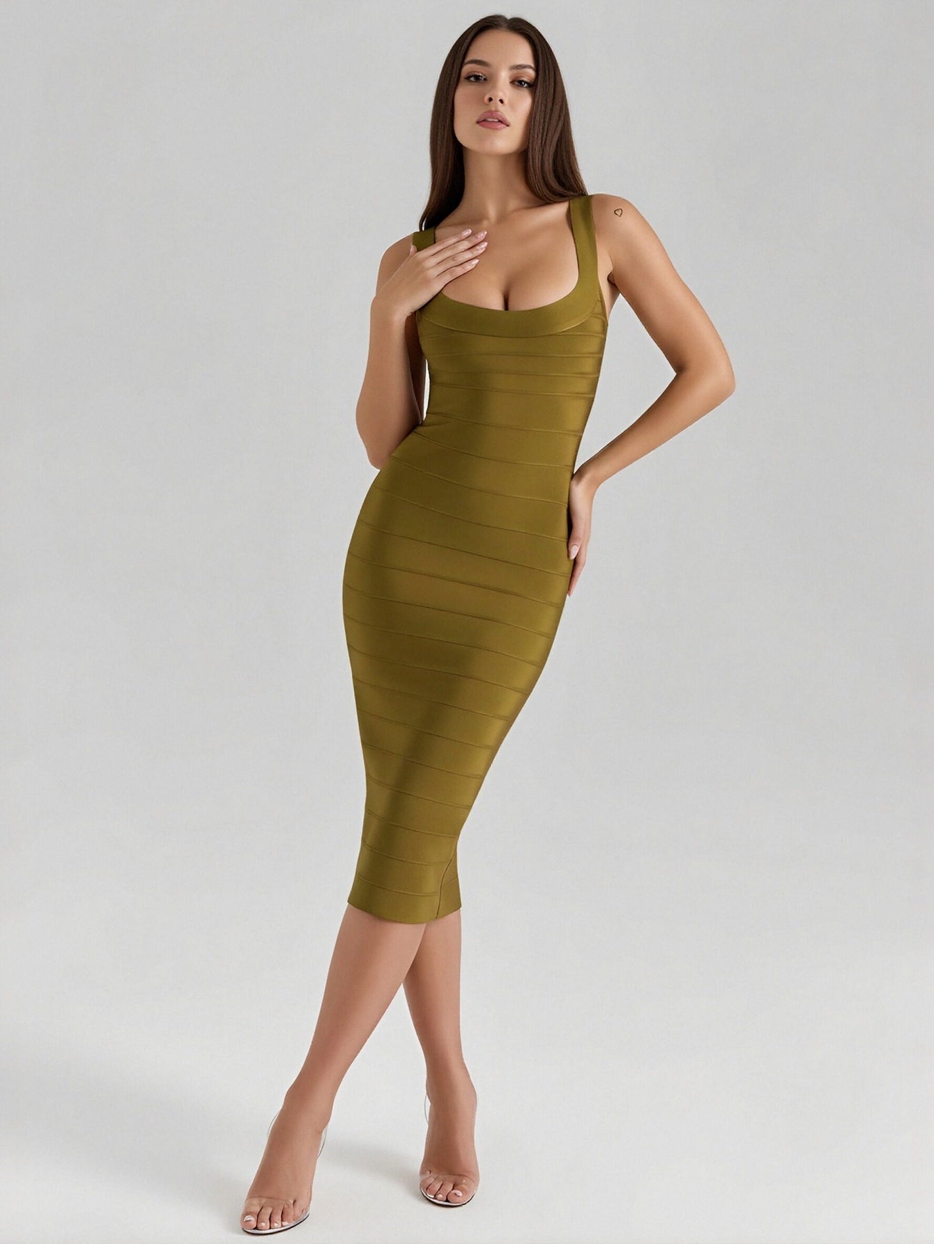 Deep U-Neck Ribbed Elegance Midi Dress-Light Yellow