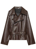 Oversized Brown Faux Leather Moto Jacket