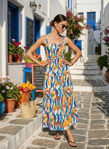 FLORA Floral Print Tiered Strap Midi Dress