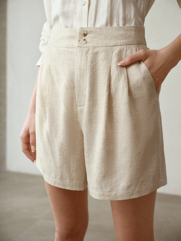 High Waisted Pleated Linen Shorts