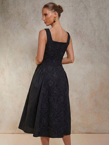 Elegant Embroidered Square Neck Midi Dress