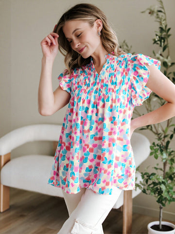 Smocked Bust Flutter Sleeve Blouse