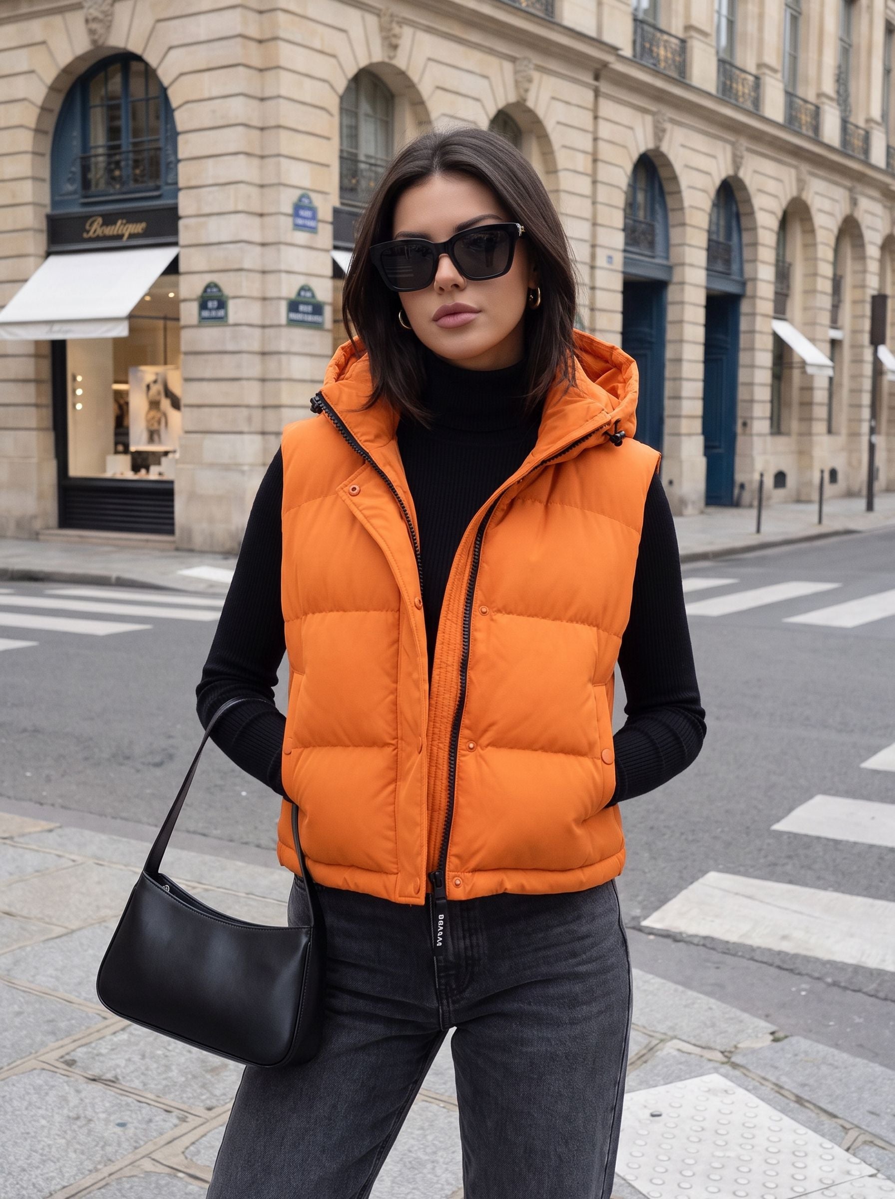 Cropped Hooded Puffer Vest Orange